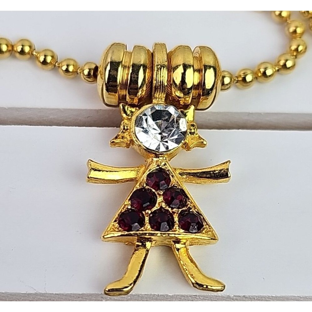 Vintage USA KLS Pendant Girl Deep Red Clear Rhinestones Gold Tone 28 inch Chain